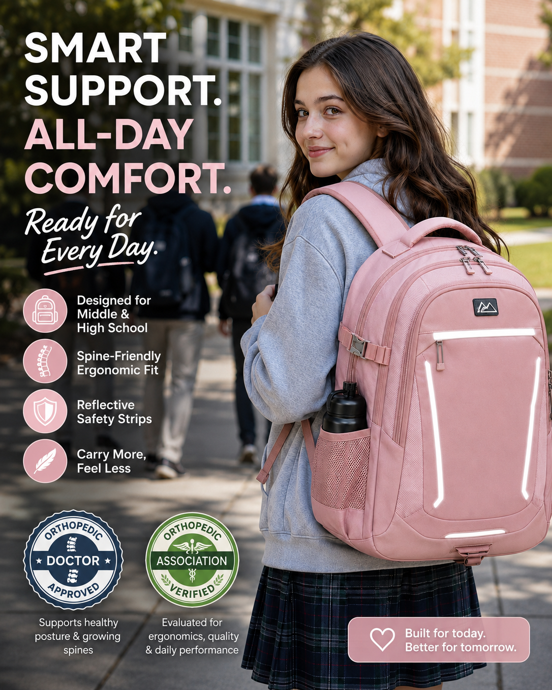 Student wearing an ergonomic backpack at school