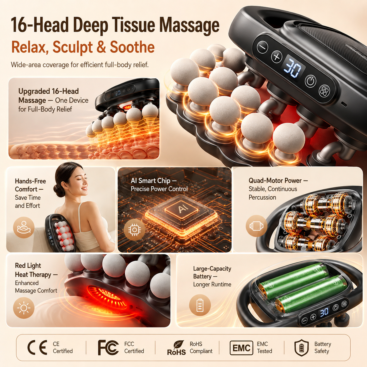 🔥 Today Only: 🔥 16-Head Deep Tissue Back Massager – Red Light, 30 Speeds & Hands-Free Relief