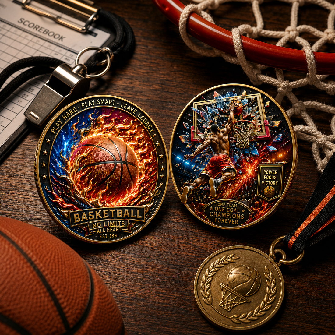 Shattered backboard basketball coin design