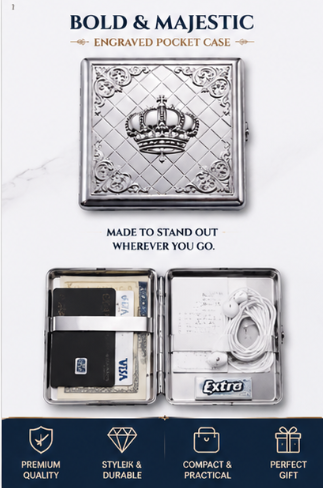 Chrome cardholder open with cards and folded cash inside