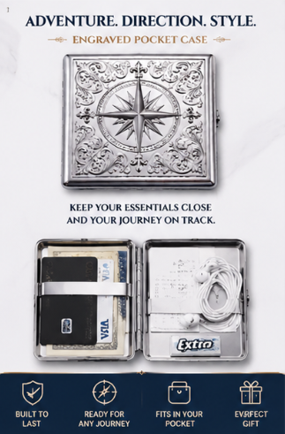 Close-up of etched Victorian scrollwork on the chrome cardholder