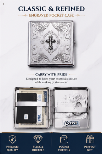 Slim Séance chrome wallet shown as an everyday carry case