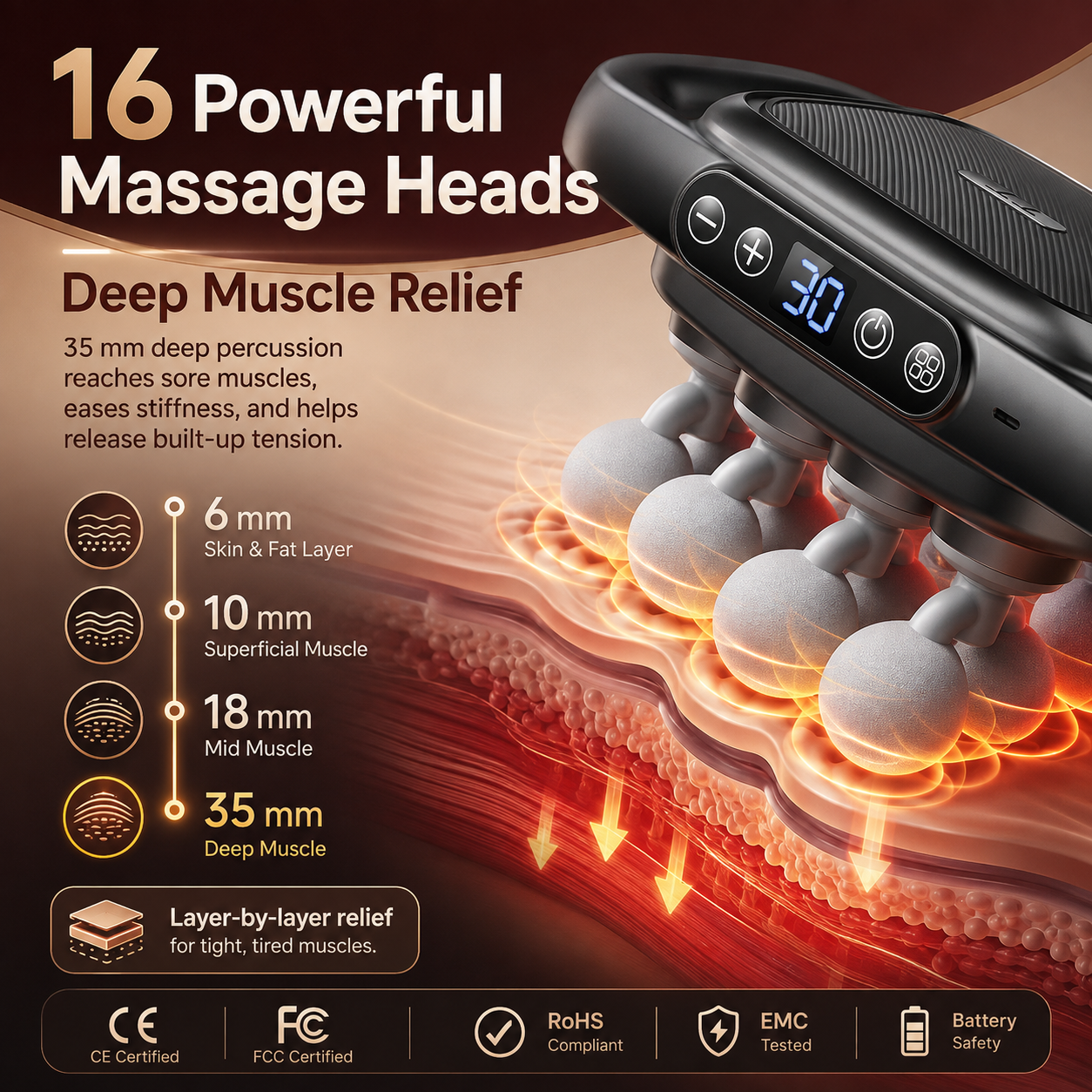 🔥 Today Only: 🔥 16-Head Deep Tissue Back Massager – Red Light, 30 Speeds & Hands-Free Relief