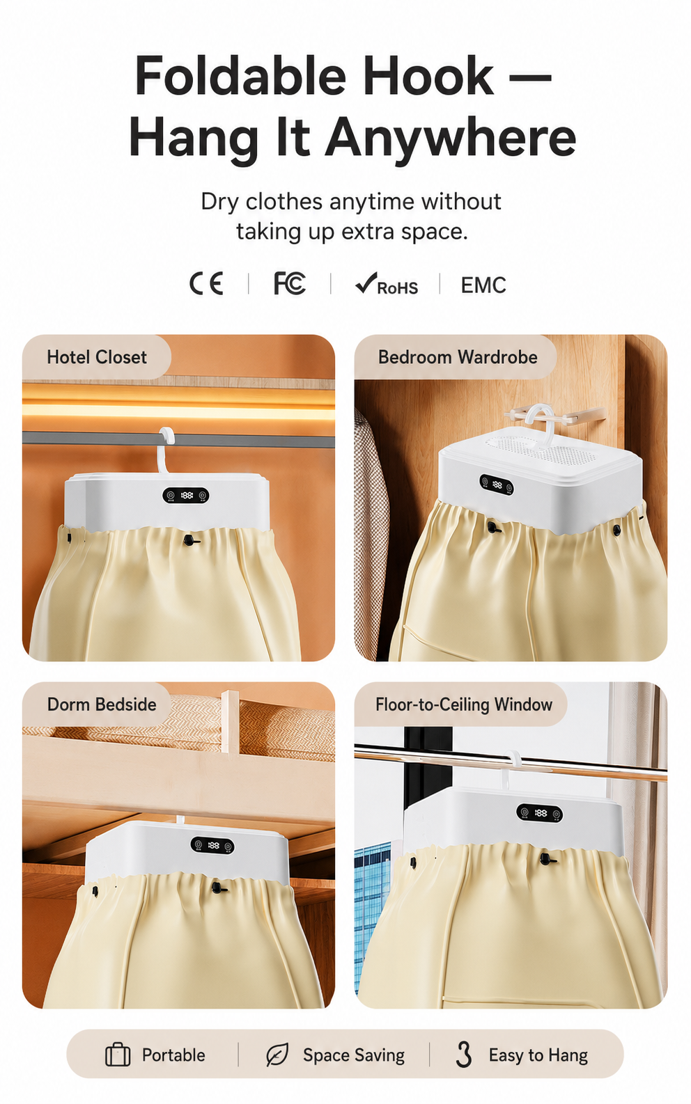 Foldable hook portable dryer locations