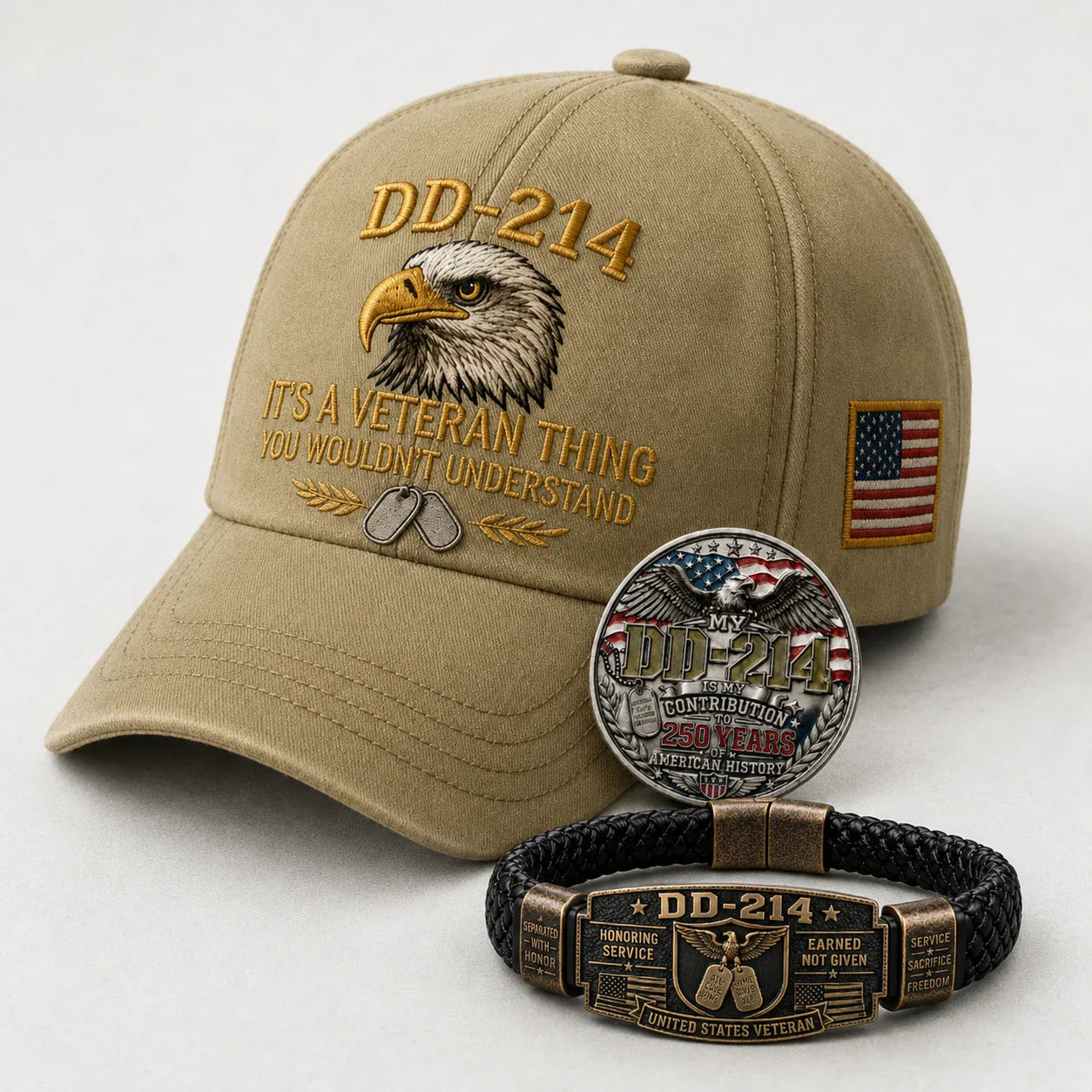 DD-214 veteran cap, commemorative honor coin and veteran bracelet three-piece set